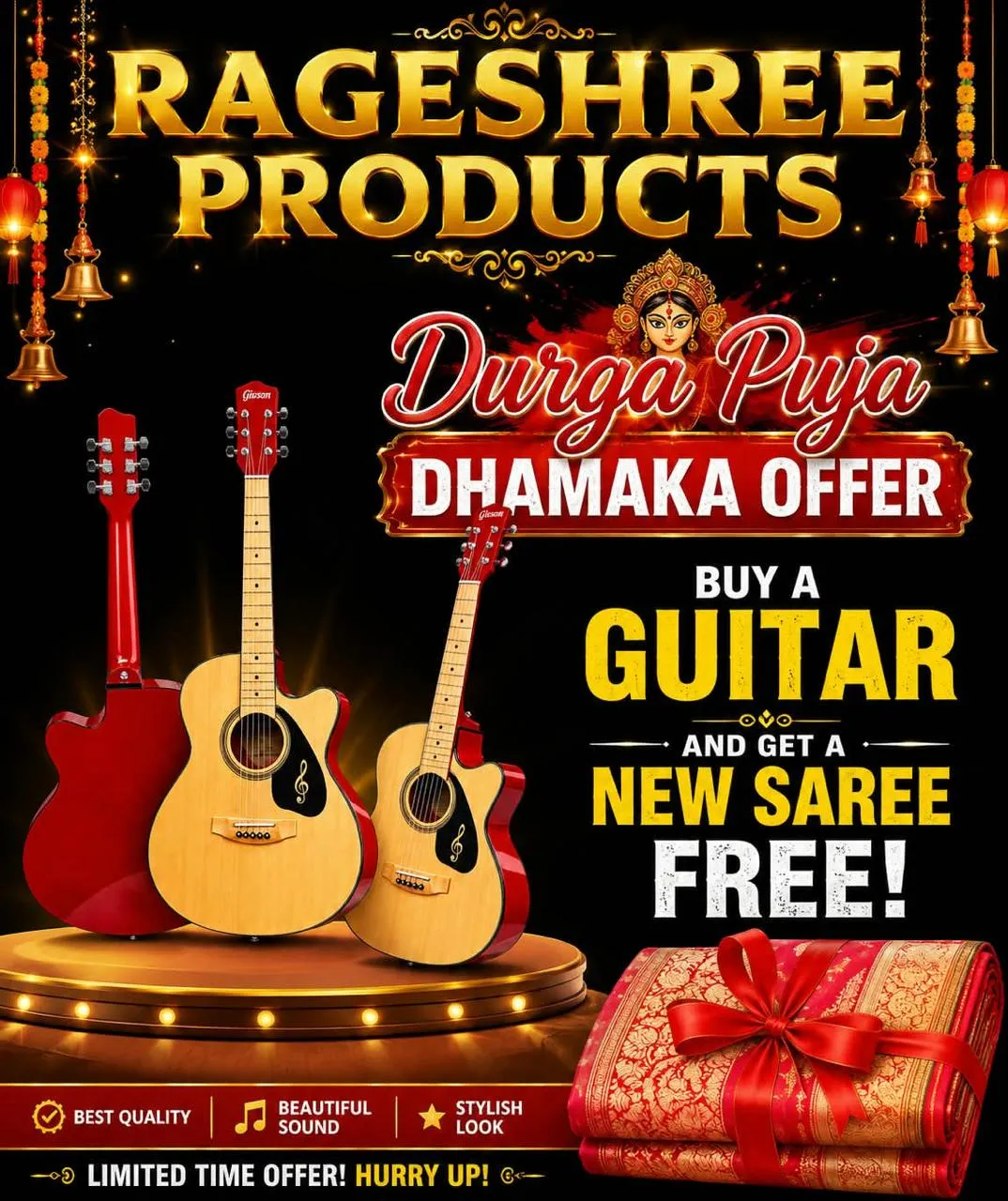 Festive offer poster with Durga Puja garlands and lanterns: three guitars displayed on an illuminated podium beside a folded red-and-gold saree tied with a ribbon.